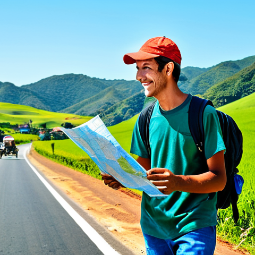Rural Road Encounter**
"A friendly farmer in modest work clothes giving a ride to a young, fully clothed backpacker on a sunny rural road in Brazil. Rolling green hills in the background, clear blue sky. The farmer is smiling. The backpacker is holding a map. Safe for work, appropriate content, professional photography, perfect anatomy, natural proportions, family-friendly."
**