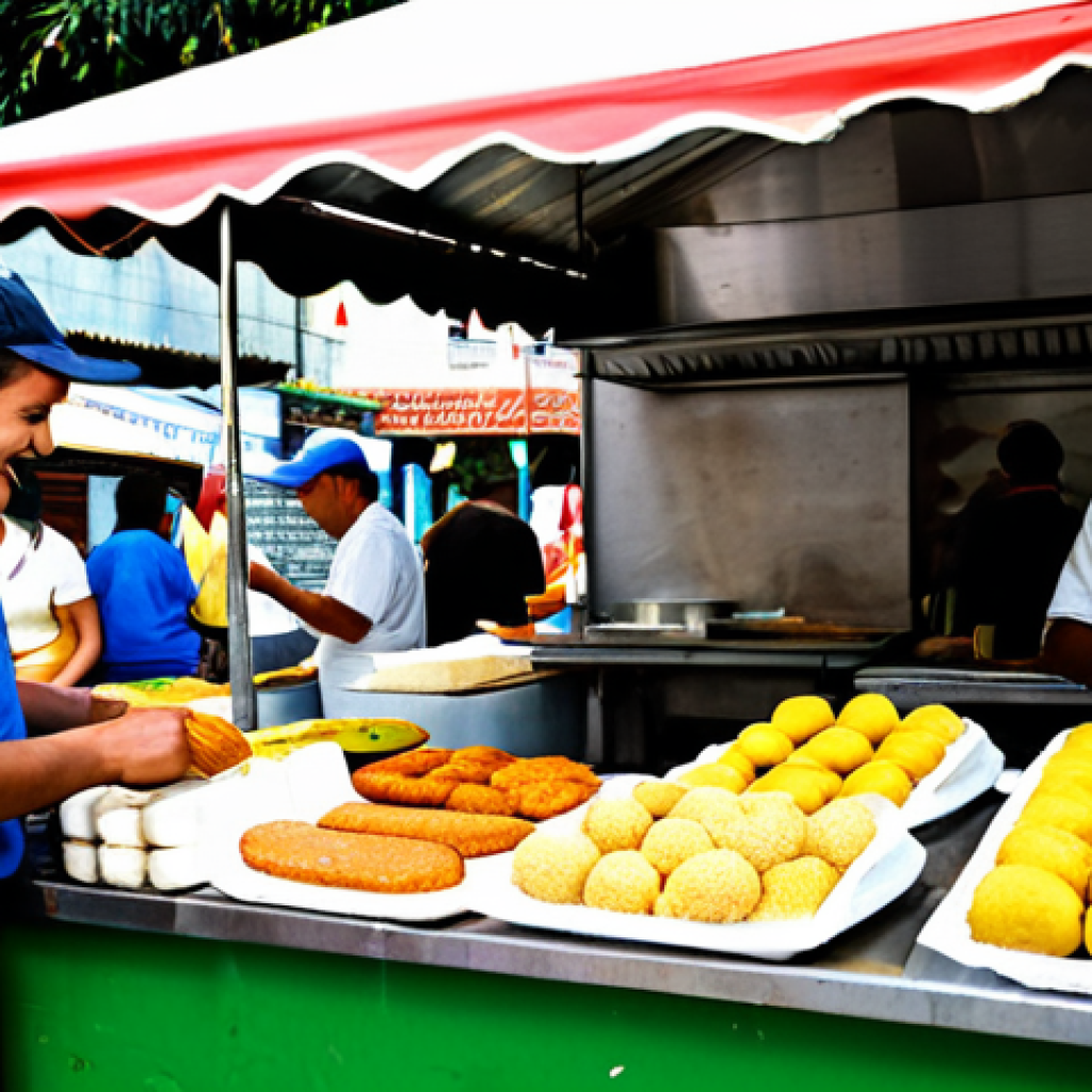 브라질에서 길거리 음식 먹을 때 주의사항 - Busy Street Food Stall**

"A vibrant Brazilian street food stall bustling with customers. The vendor...