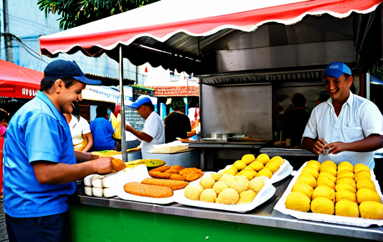 브라질에서 길거리 음식 먹을 때 주의사항 - Busy Street Food Stall**

"A vibrant Brazilian street food stall bustling with customers. The vendor...
