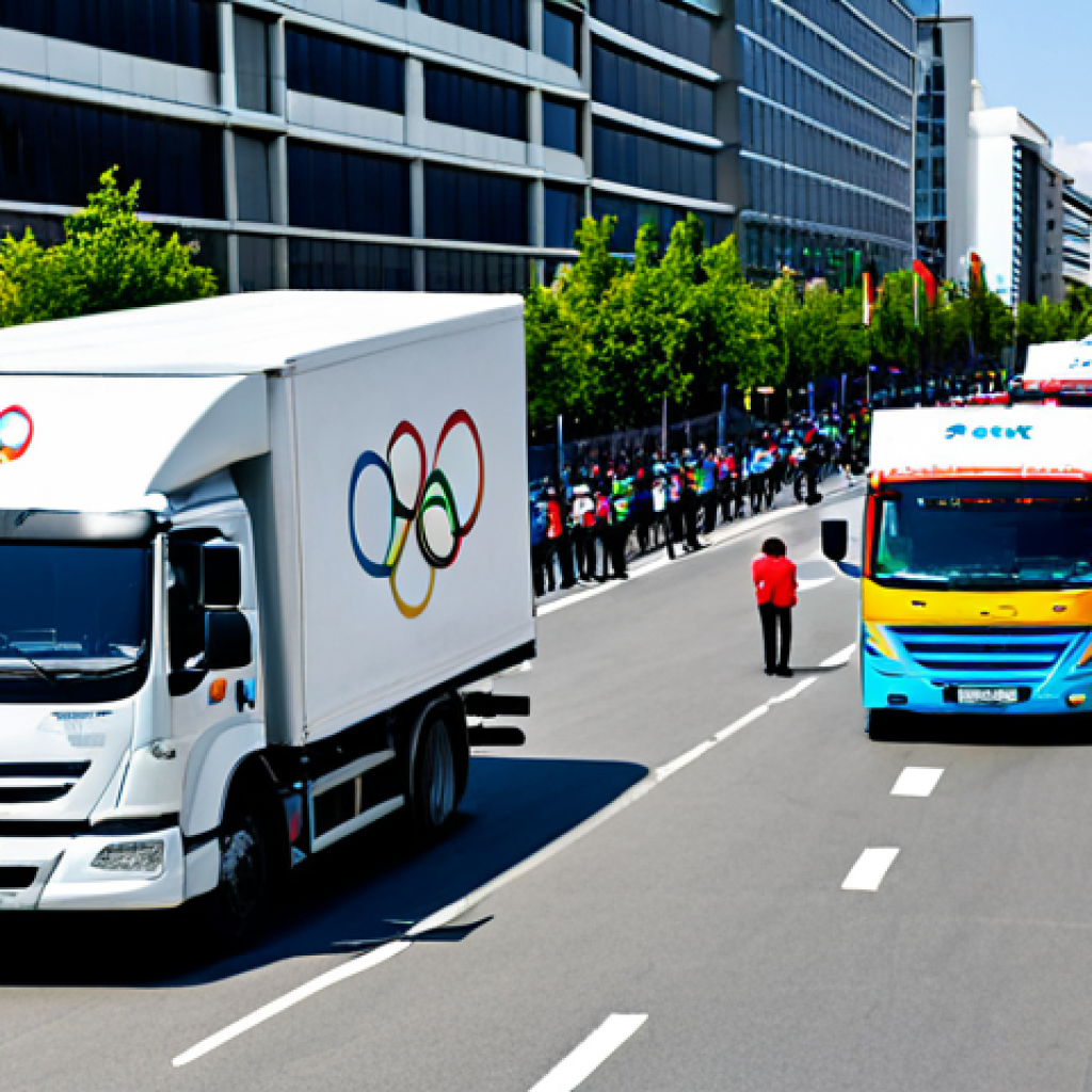 브라질 올림픽 개최 - Logistical Operation**
"A bustling cityscape during the Olympic Games. Delivery trucks with Olympic...