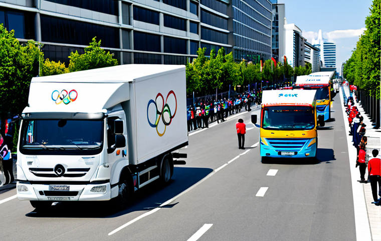 브라질 올림픽 개최 - Logistical Operation**

"A bustling cityscape during the Olympic Games. Delivery trucks with Olympic...