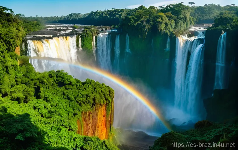 이과수 폭포 여행 가이드 - Image Prompt 1: The Grand Panorama of Iguazu Falls at Golden Hour** 이과수 폭포 여행 가이드 - Image Prompt 1: The Grand Panorama of Iguazu Falls at Golden Hour**