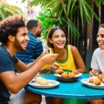 Home 17 브라질 특유의 몸짓 언어 - **Prompt:** A young, diverse group of friends gathered around a table at a vibrant outdoor café in R...