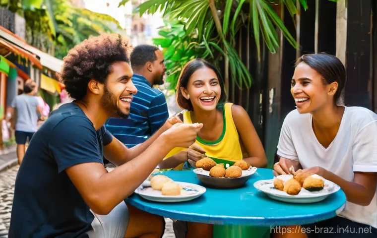 브라질 특유의 몸짓 언어 - **Prompt:** A young, diverse group of friends gathered around a table at a vibrant outdoor café in R...