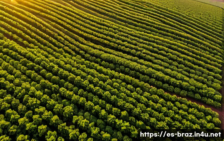 브라질 주요 수출품 - **Prompt:** "Aerial view of a vast Brazilian soybean farm at sunset. Golden light illuminates the en...