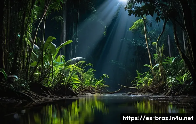 아마존 정글 투어 - **Prompt: Amazon Night Safari Spectacle**
"A thrilling night scene deep within the Amazon rainfo...